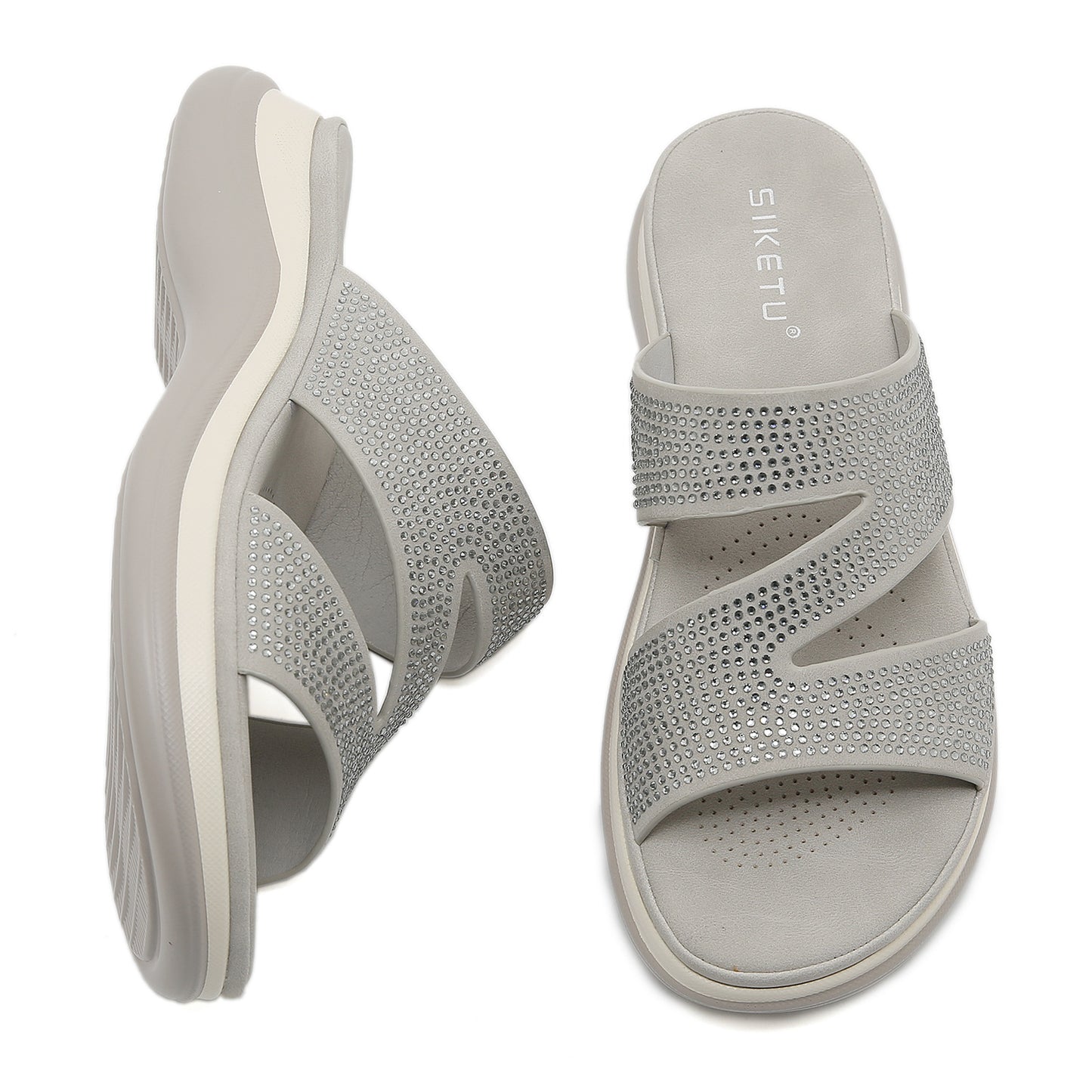 Rhinestone Platform Sandals, Plus Size Chunky Heel Dressy Summer Mules