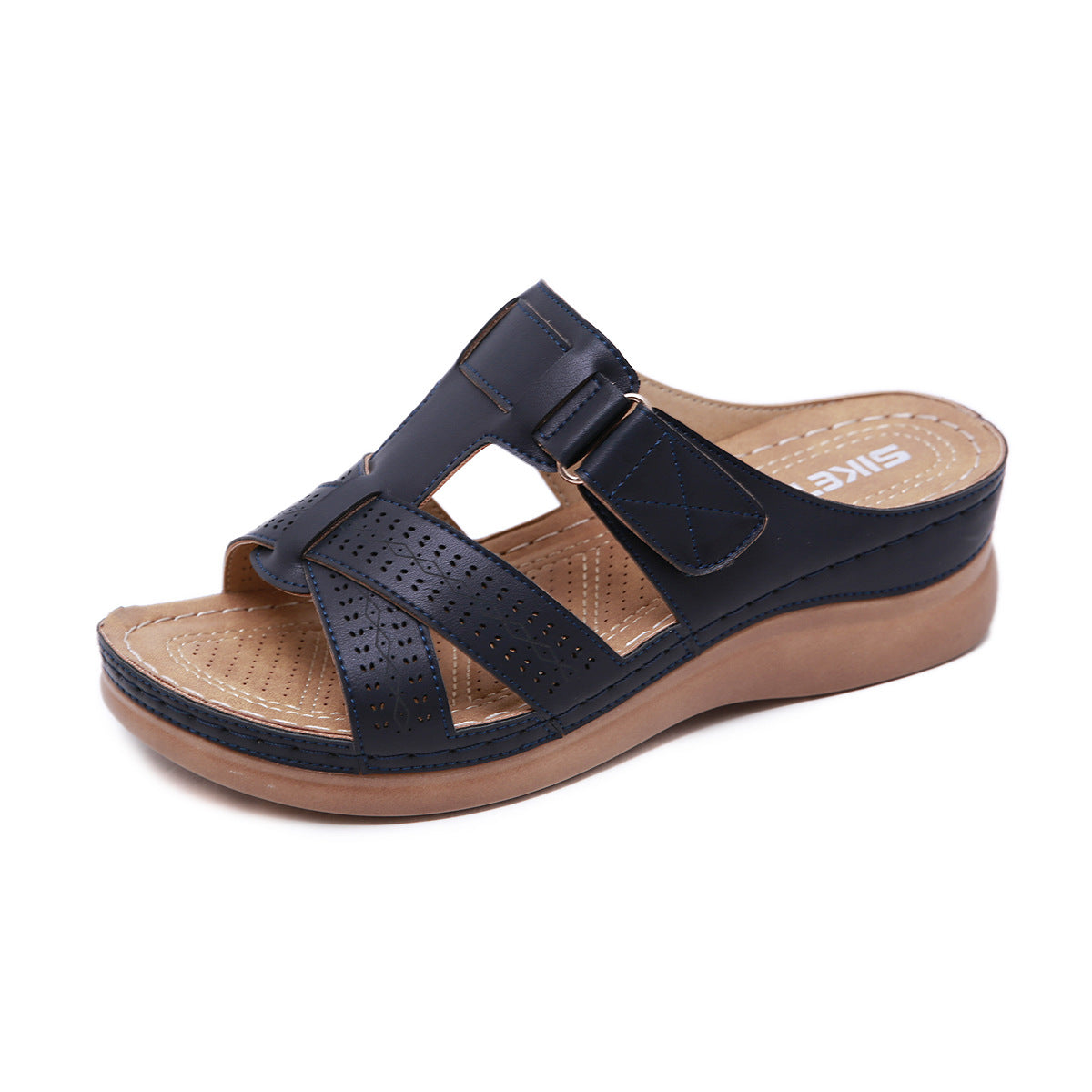 Leather Wedge Sandals, Plus Size Cross-Stitched Summer Comfort Slides
