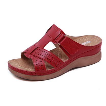 Leather Wedge Sandals, Plus Size Cross-Stitched Summer Comfort Slides