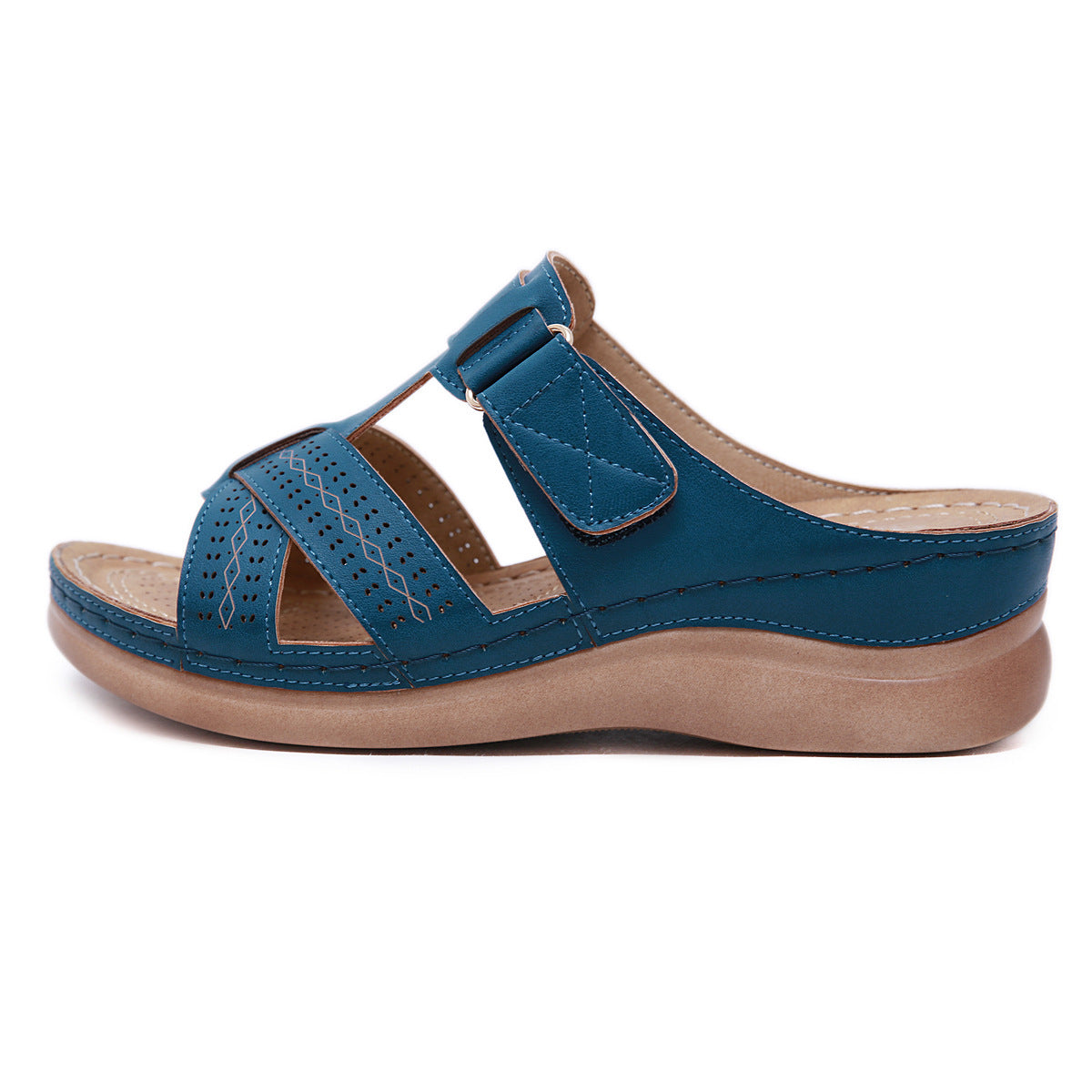 Leather Wedge Sandals, Plus Size Cross-Stitched Summer Comfort Slides