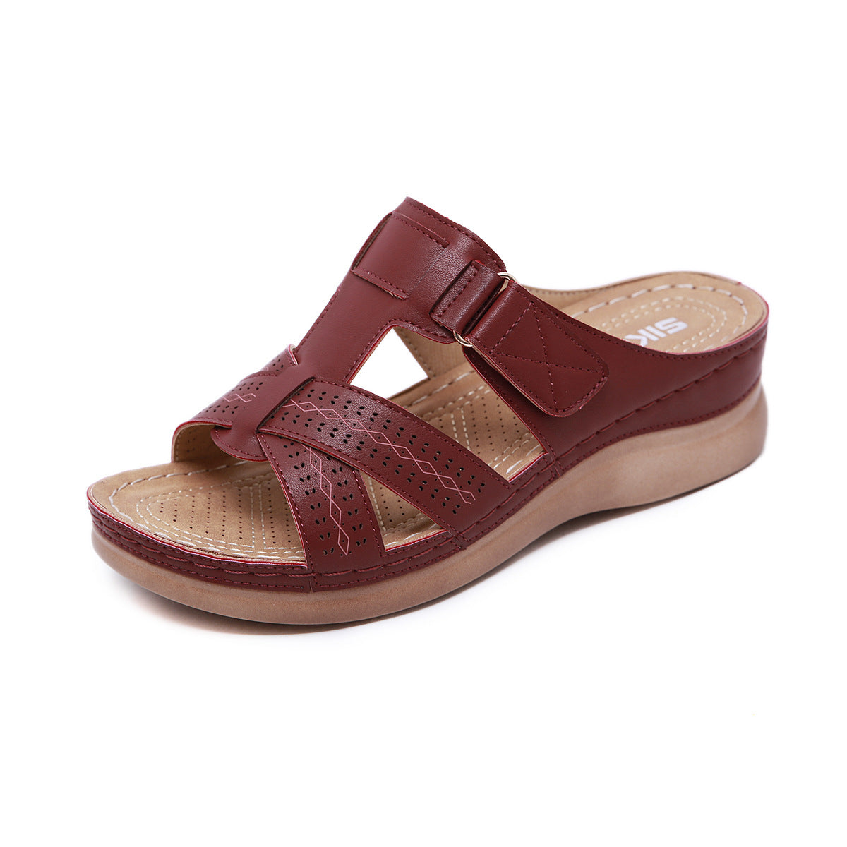 Leather Wedge Sandals, Plus Size Cross-Stitched Summer Comfort Slides