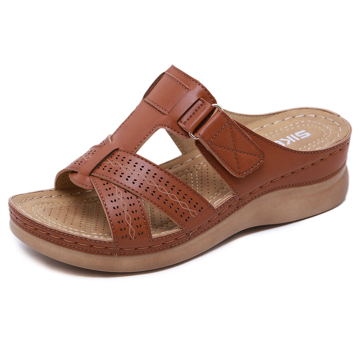 Leather Wedge Sandals, Plus Size Cross-Stitched Summer Comfort Slides