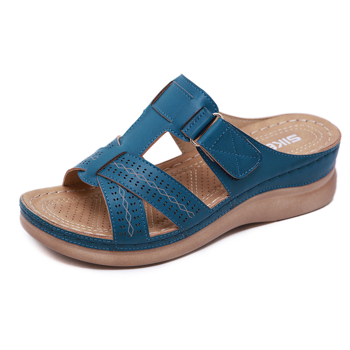 Leather Wedge Sandals, Plus Size Cross-Stitched Summer Comfort Slides