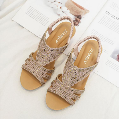 Women Wedge Sandals Leather Rhinestones Summer Beach Sandals