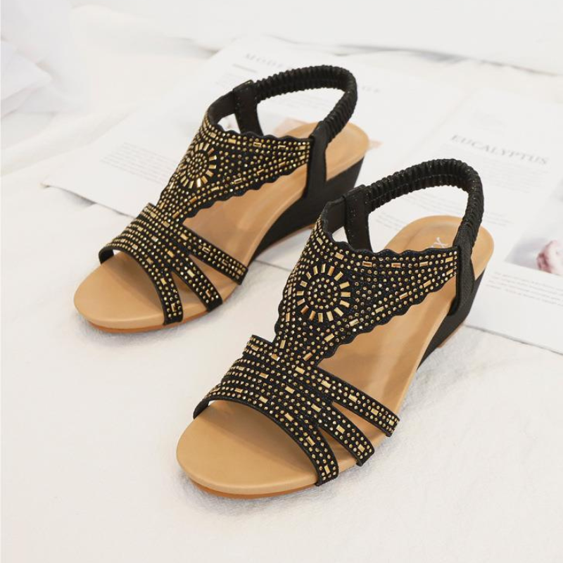 Women Wedge Sandals Leather Rhinestones Summer Beach Sandals