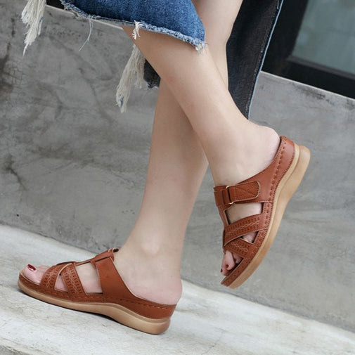 Leather Wedge Sandals, Plus Size Cross-Stitched Summer Comfort Slides