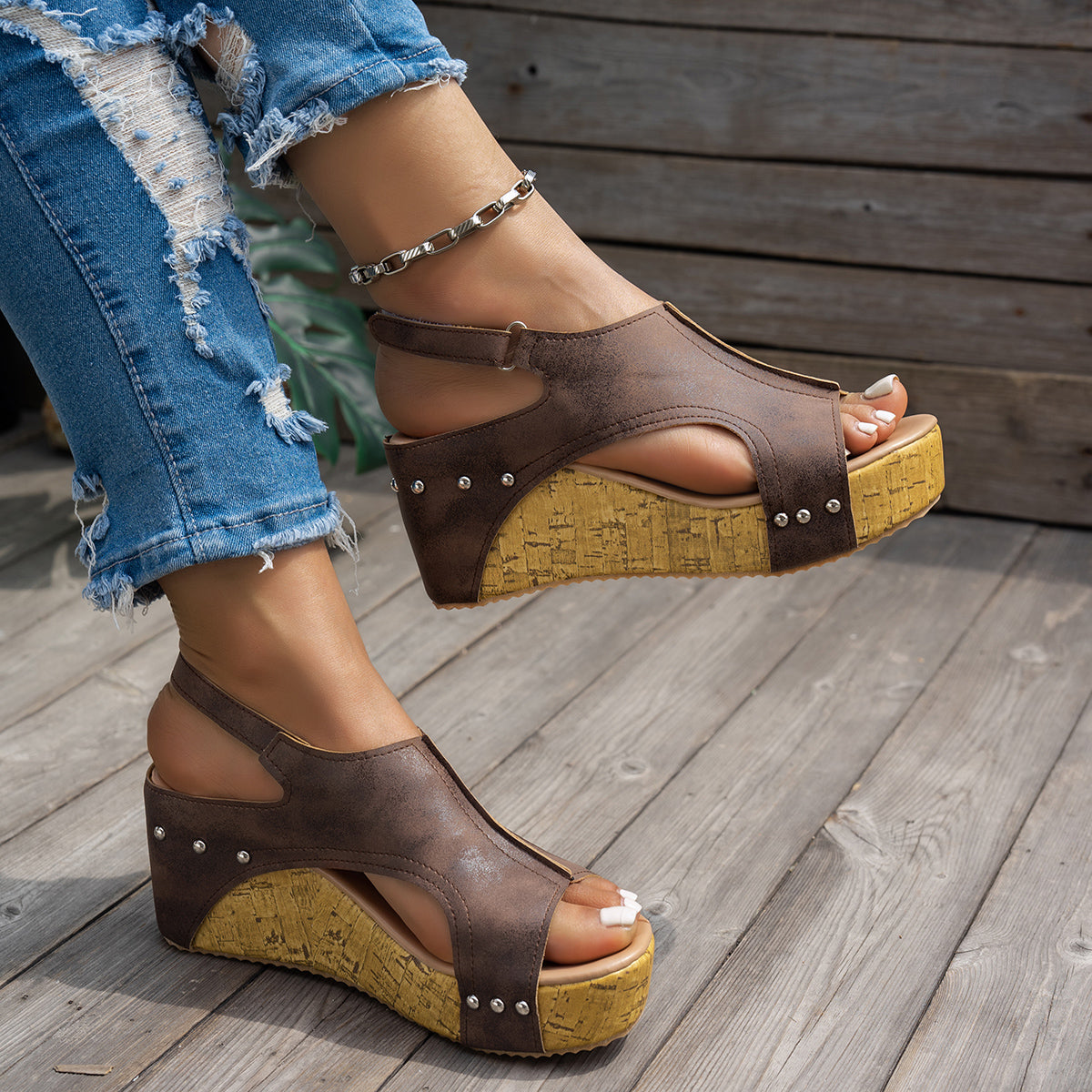 Studded Platform Wedge Sandals for Women - Peep Toe Summer Shoes with Cushioned Footbed