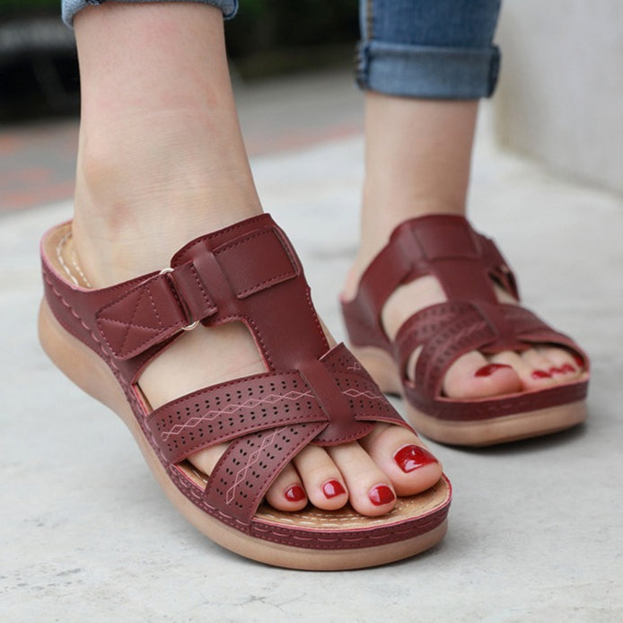 Leather Wedge Sandals, Plus Size Cross-Stitched Summer Comfort Slides