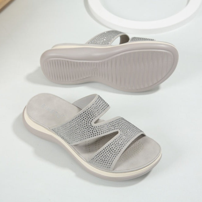 Rhinestone Platform Sandals, Plus Size Chunky Heel Dressy Summer Mules