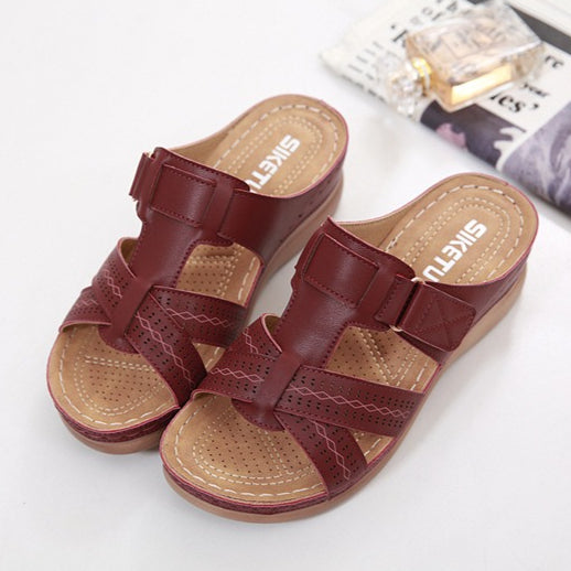 Leather Wedge Sandals, Plus Size Cross-Stitched Summer Comfort Slides