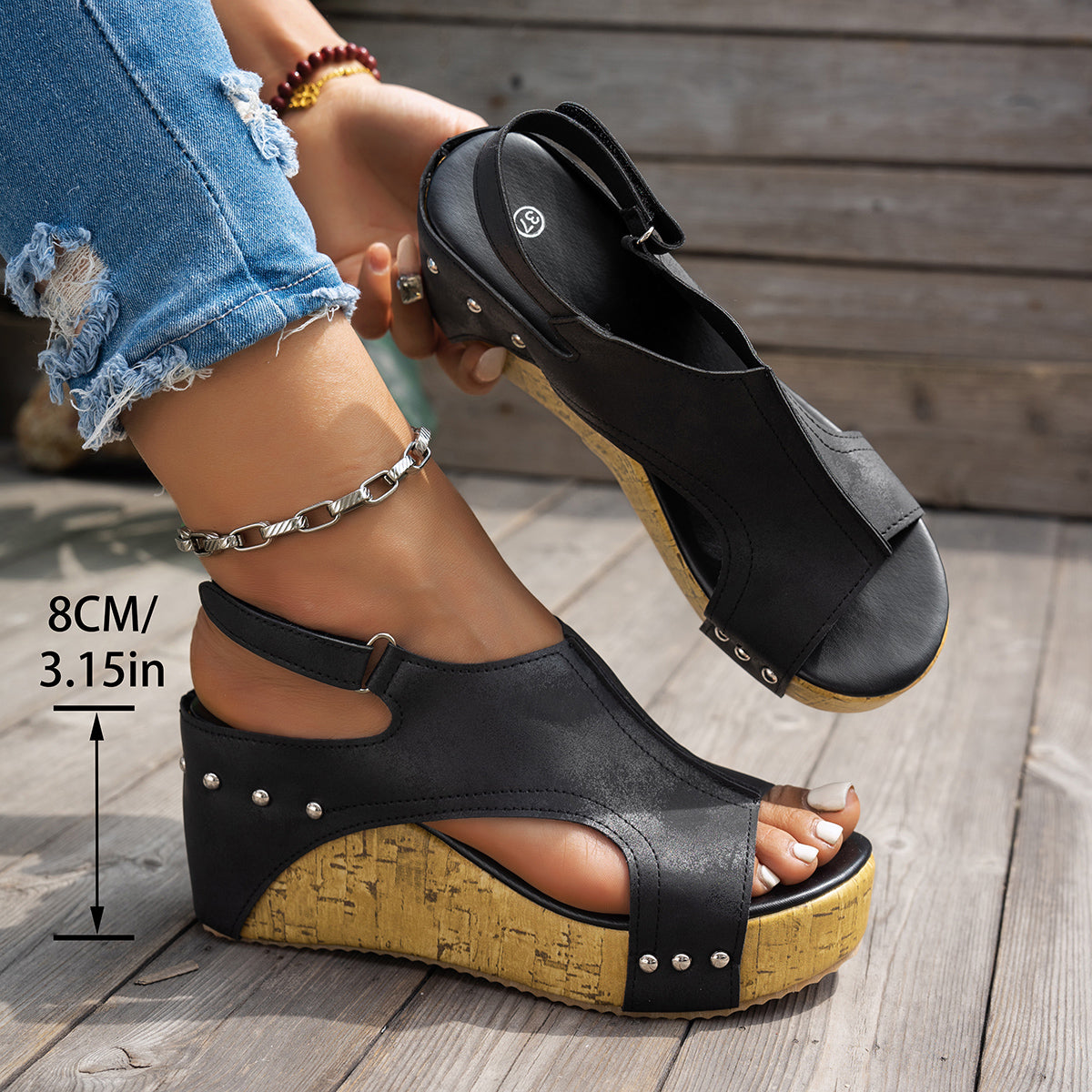 Studded Platform Wedge Sandals for Women - Peep Toe Summer Shoes with Cushioned Footbed
