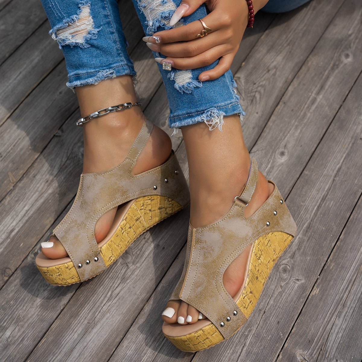 Studded Platform Wedge Sandals for Women - Peep Toe Summer Shoes with Cushioned Footbed