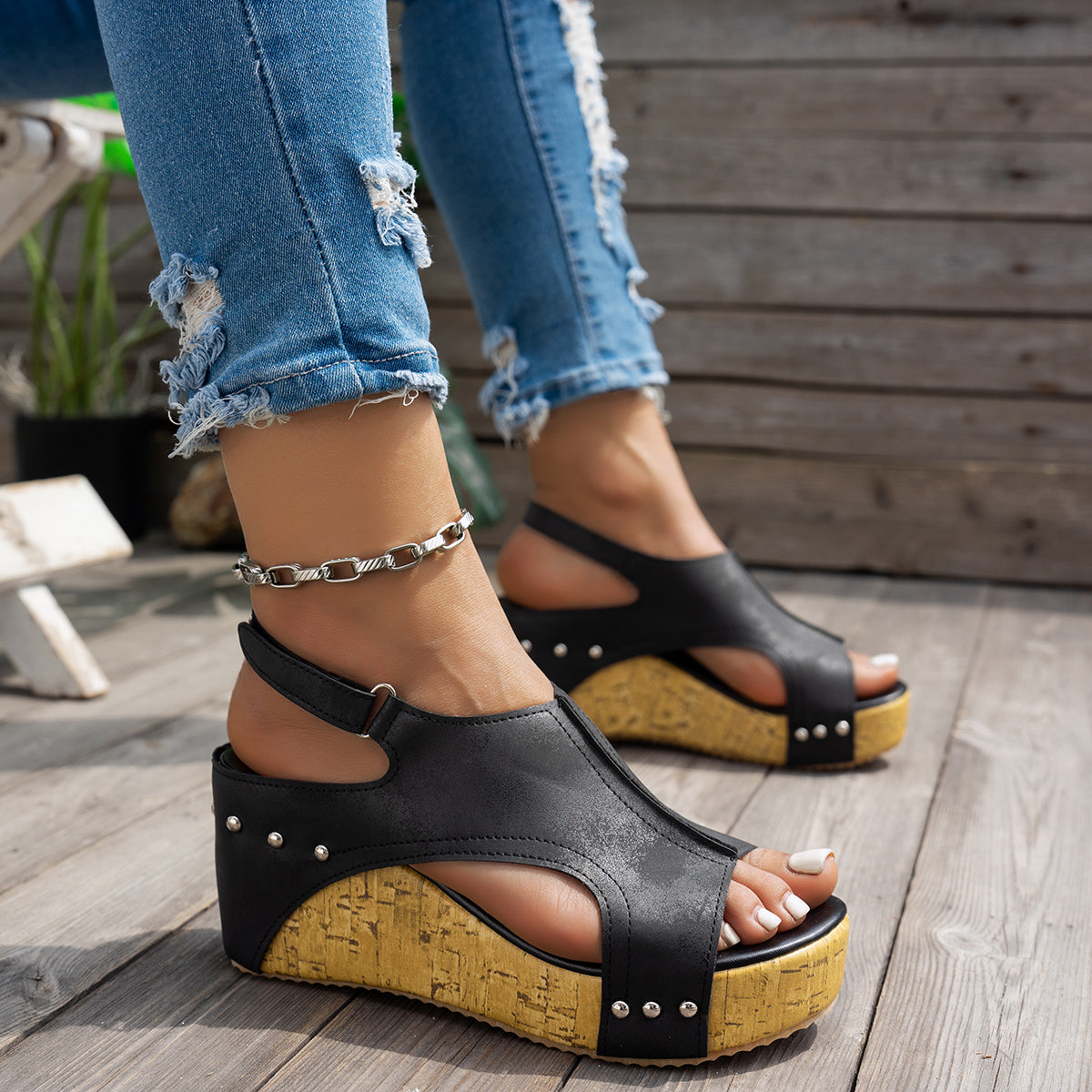 Studded Platform Wedge Sandals for Women - Peep Toe Summer Shoes with Cushioned Footbed