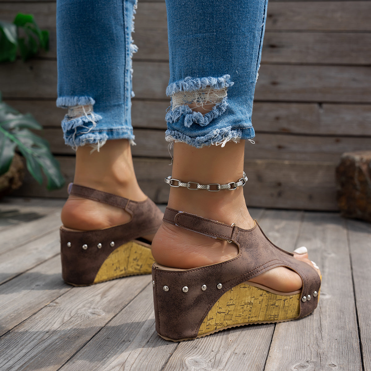 Studded Platform Wedge Sandals for Women - Peep Toe Summer Shoes with Cushioned Footbed