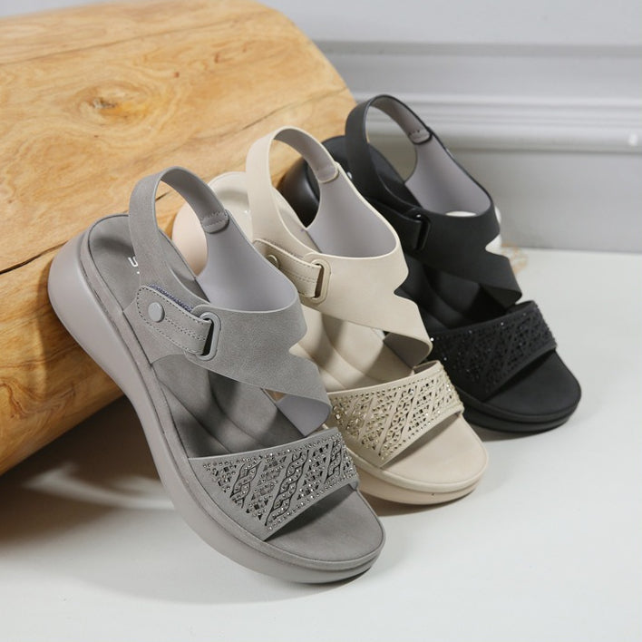 Platform Sandals for Women, Lightweight Rhinestone Velcro Summer Slides