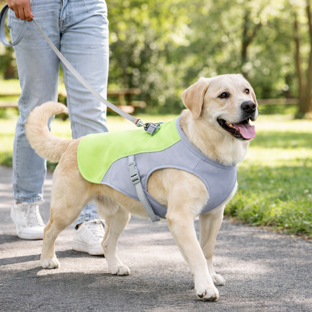 Dog Cooling Vest: sizing reference next to a dog
