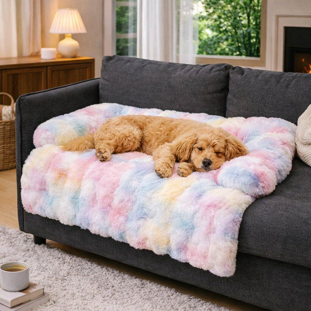 Calming Dog Bed Sofa Protector Pet Mat: sizing reference next to a dog