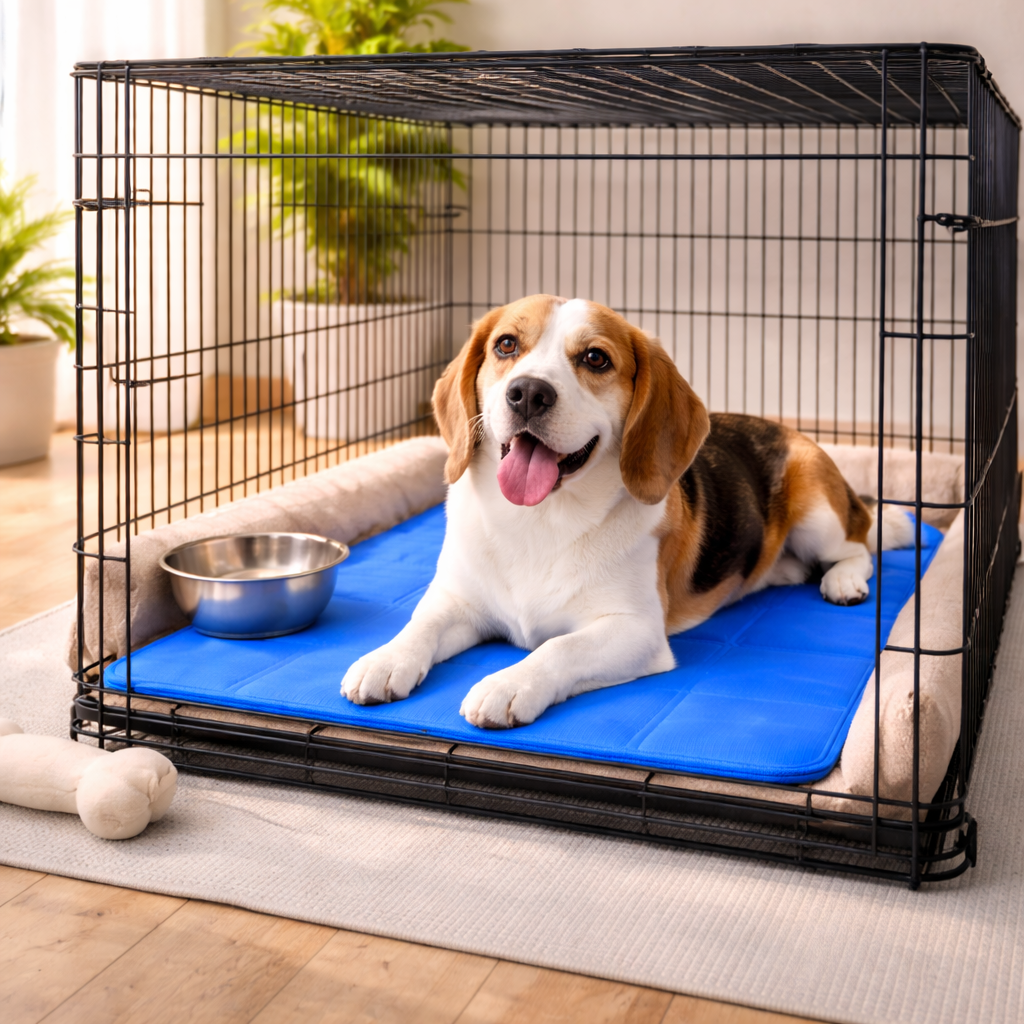 Large Dog Cooling Mat: dog resting on the bed