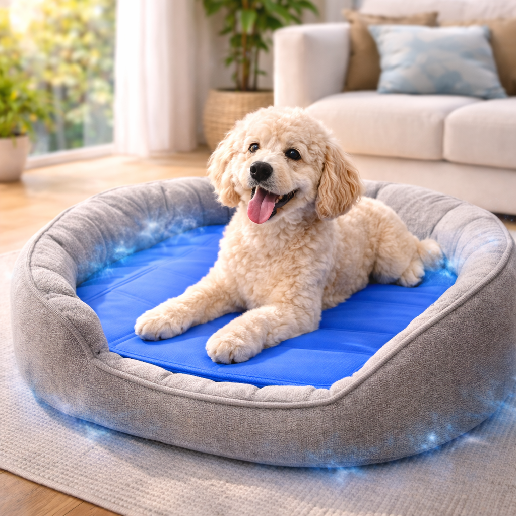 Large Dog Cooling Mat: sizing reference next to a dog