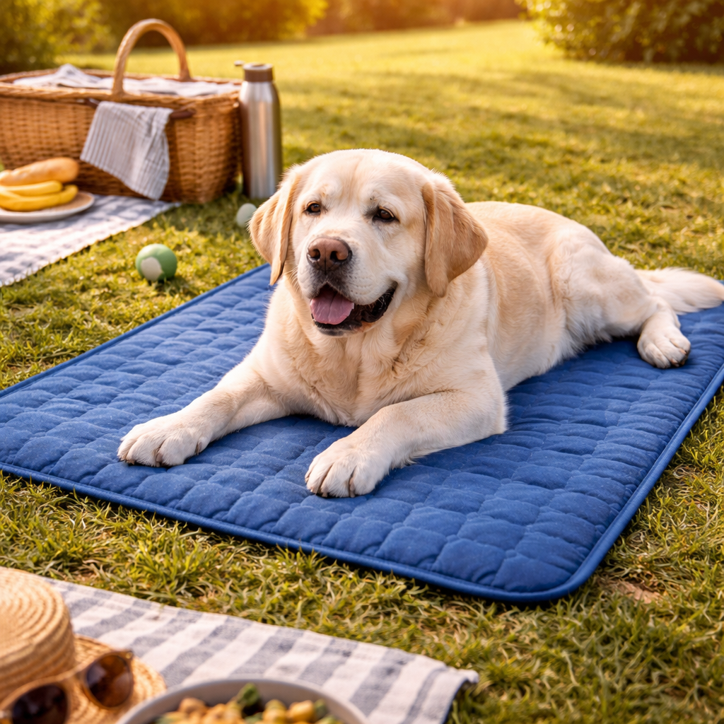 Cooling Dog Bed Mat: sizing reference next to a dog