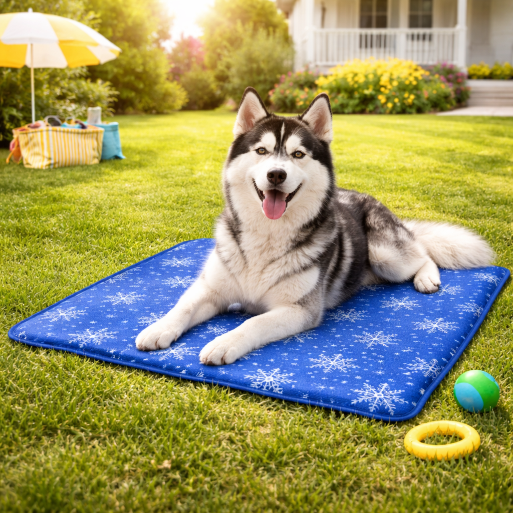 Gel Cooling Dog Mat: sizing reference next to a dog