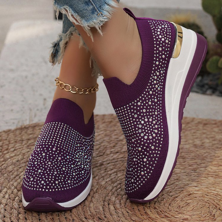 Comfortable Wedge Sneakers for Women - Rhinestone Flyknit Slip-On