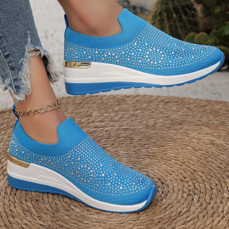 Comfortable Wedge Sneakers for Women - Rhinestone Flyknit Slip-On