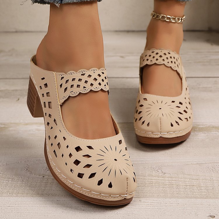 Slide Sandals for Women - Chunky Heel Mules with Breathable Cutout