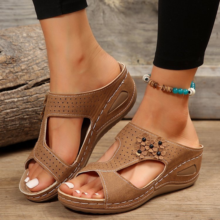 Slide Sandals for Women - Wedge Platform with Carved Cutout Design