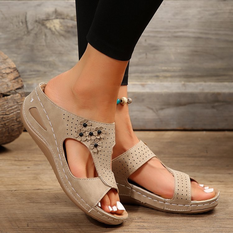 Slide Sandals for Women - Wedge Platform with Carved Cutout Design