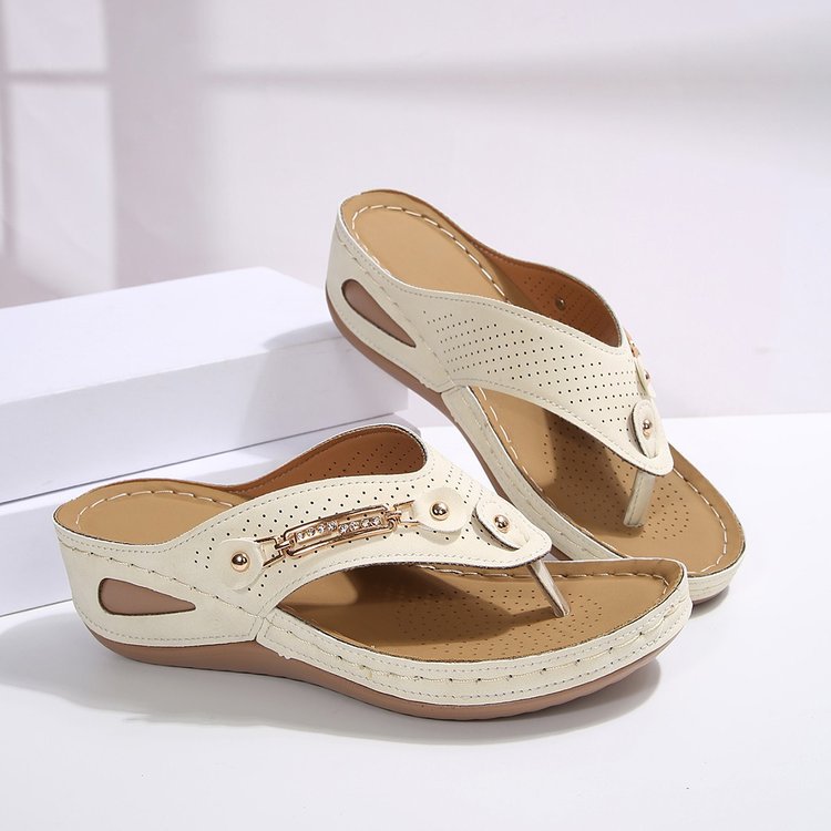 Wedge Flip Flops for Women - Comfortable Thong Sandals with Metal Buckle Detail