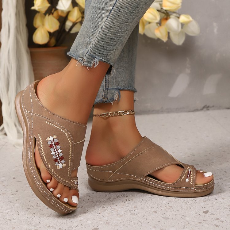 Embroidered Wedge Flip Flops for Women - Lightweight Summer Thong Sandals