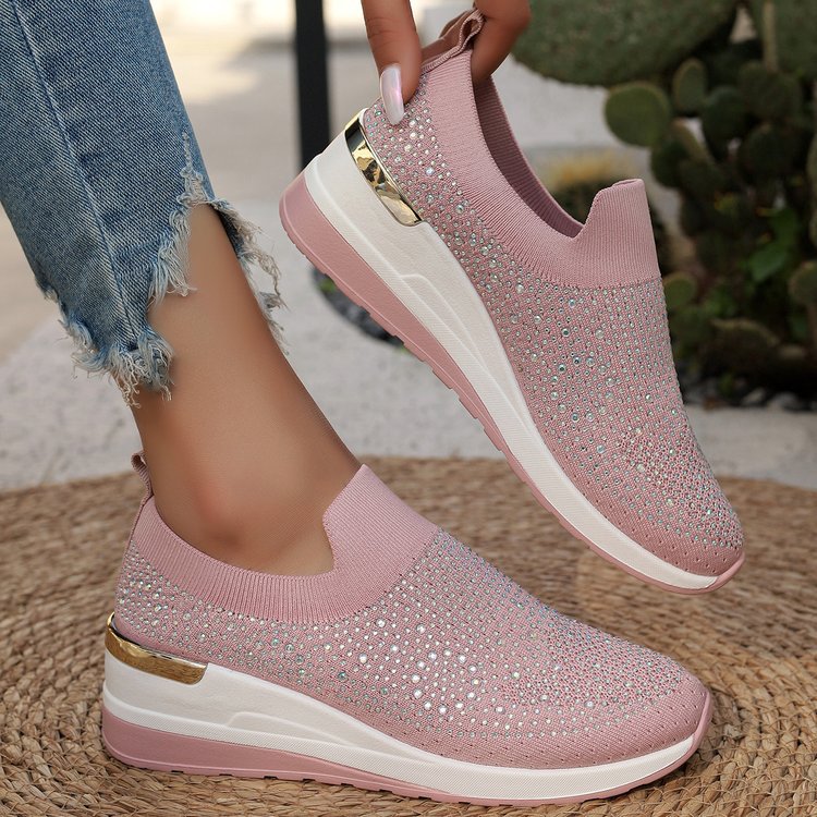 Comfortable Wedge Sneakers for Women - Rhinestone Flyknit Slip-On