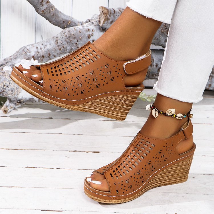 Walking Sandals for Women - Adjustable Strap Wedge with Cutout Design