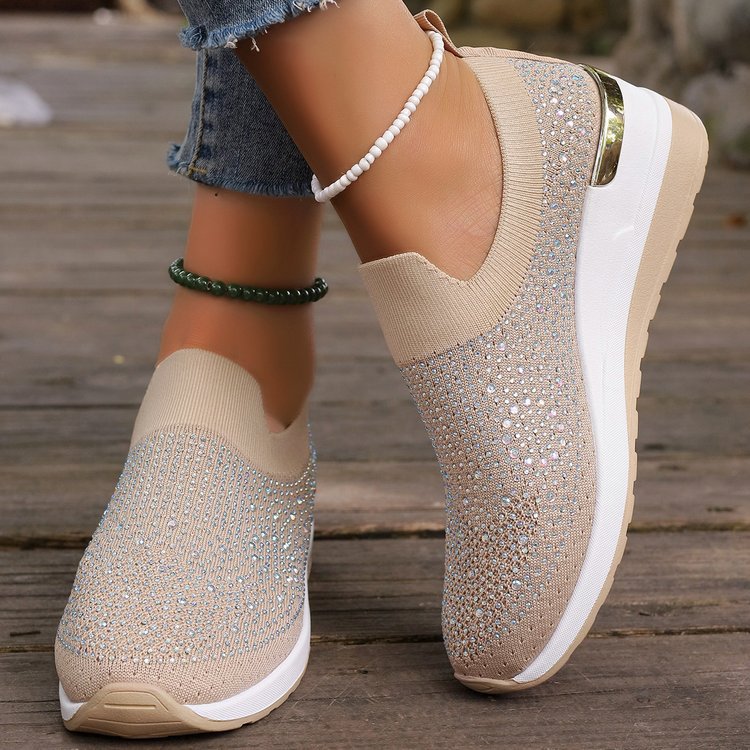 Comfortable Wedge Sneakers for Women - Rhinestone Flyknit Slip-On
