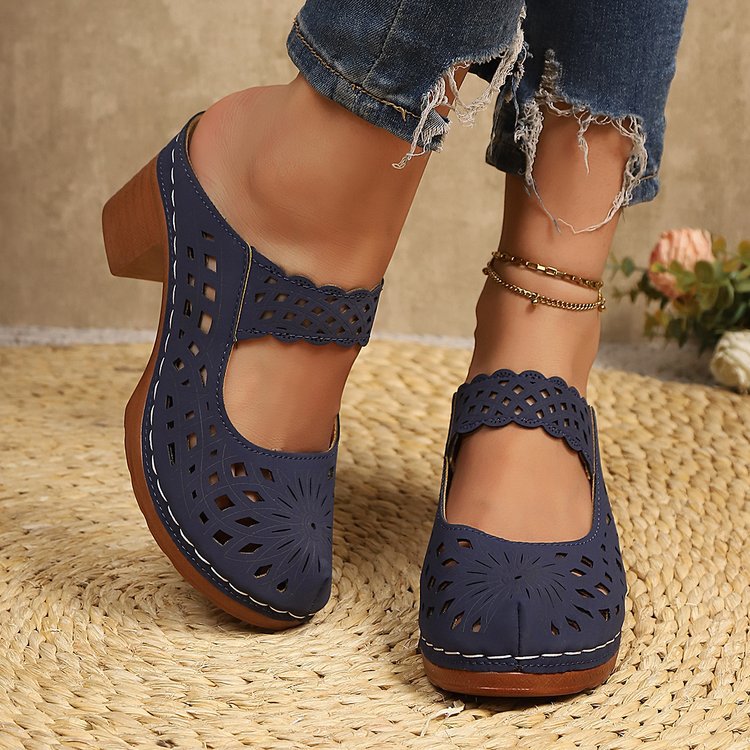 Slide Sandals for Women - Chunky Heel Mules with Breathable Cutout