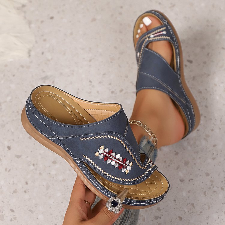 Embroidered Wedge Flip Flops for Women - Lightweight Summer Thong Sandals
