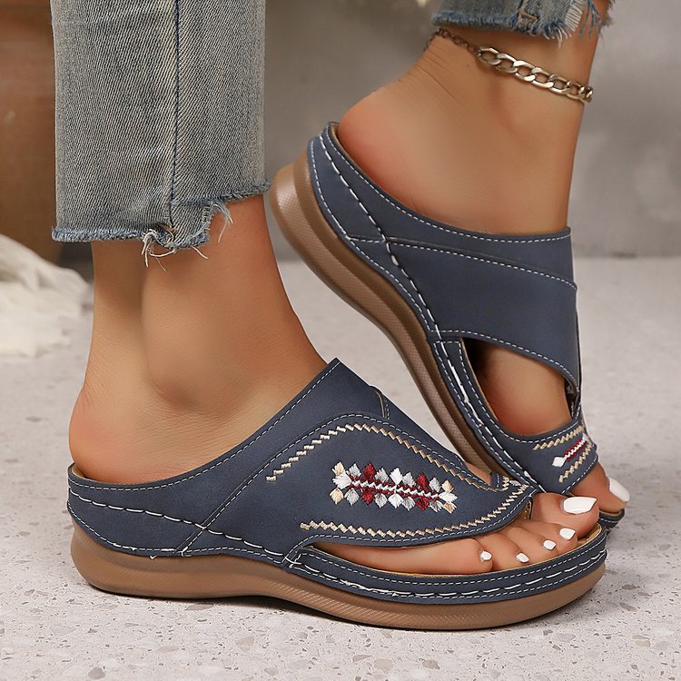 Embroidered Wedge Flip Flops for Women - Lightweight Summer Thong Sandals