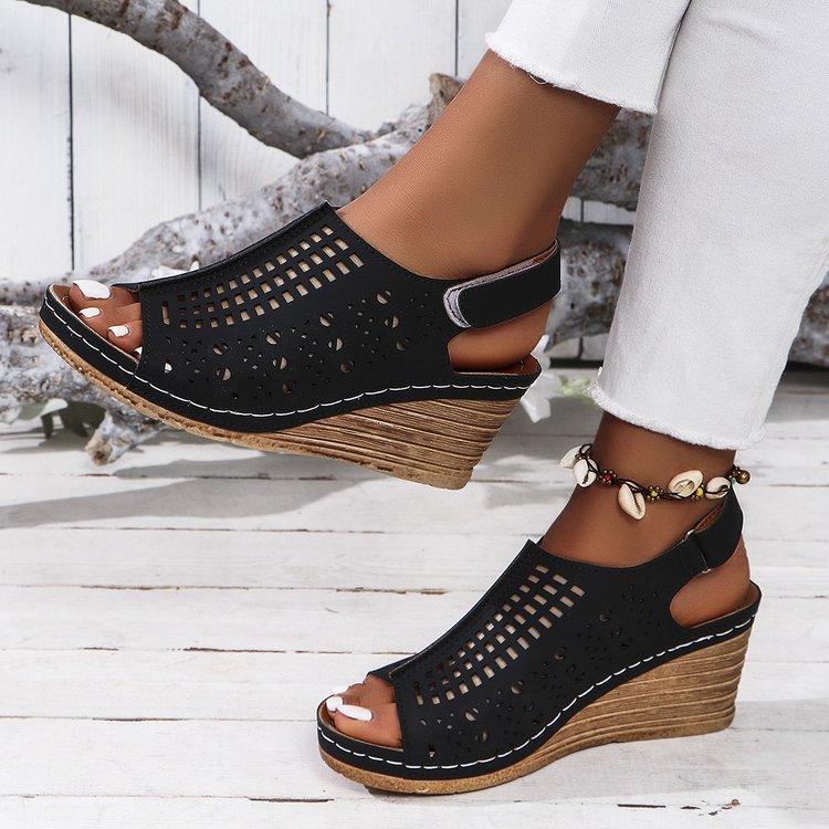Walking Sandals for Women - Adjustable Strap Wedge with Cutout Design