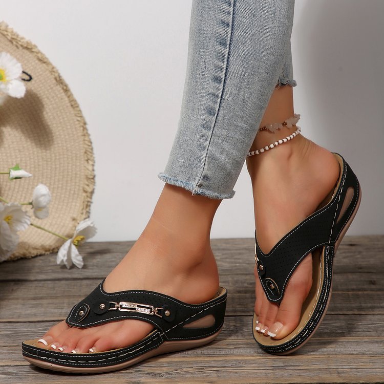 Wedge Flip Flops for Women - Comfortable Thong Sandals with Metal Buckle Detail