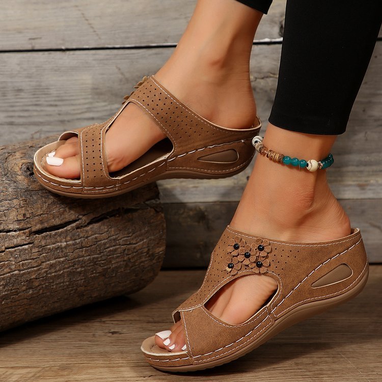 Slide Sandals for Women - Wedge Platform with Carved Cutout Design
