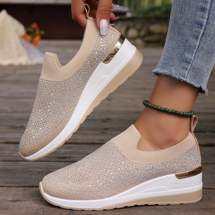 Comfortable Wedge Sneakers for Women - Rhinestone Flyknit Slip-On