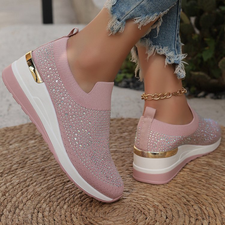 Comfortable Wedge Sneakers for Women - Rhinestone Flyknit Slip-On