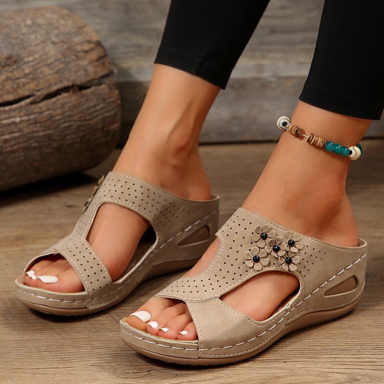 Slide Sandals for Women - Wedge Platform with Carved Cutout Design