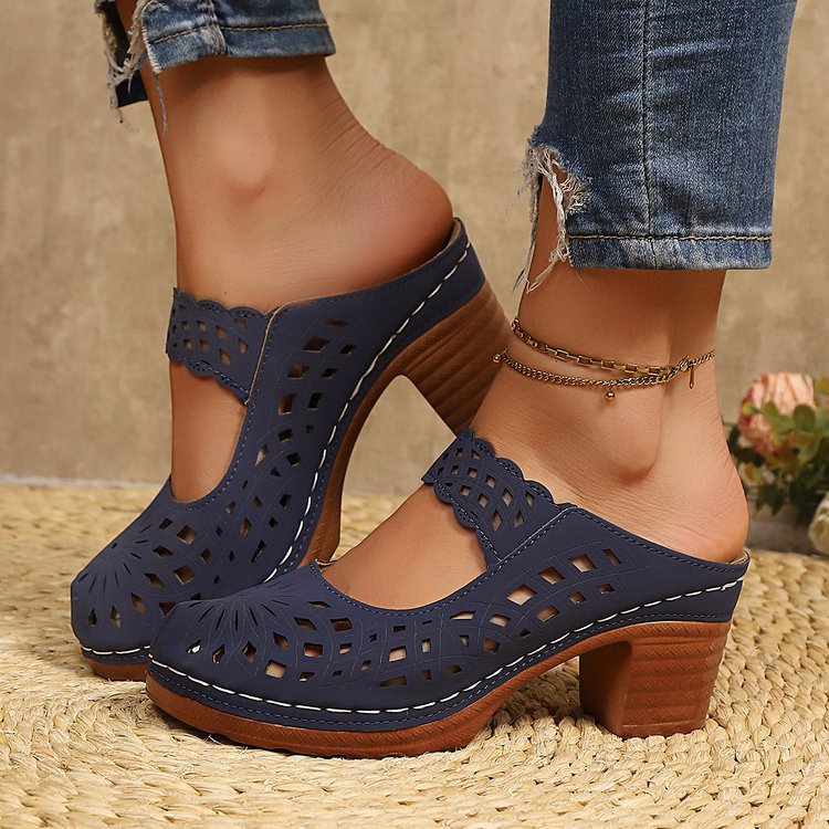 Slide Sandals for Women - Chunky Heel Mules with Breathable Cutout