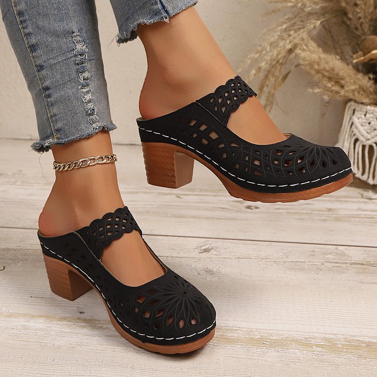 Slide Sandals for Women - Chunky Heel Mules with Breathable Cutout