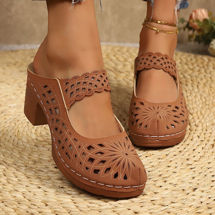 Slide Sandals for Women - Chunky Heel Mules with Breathable Cutout