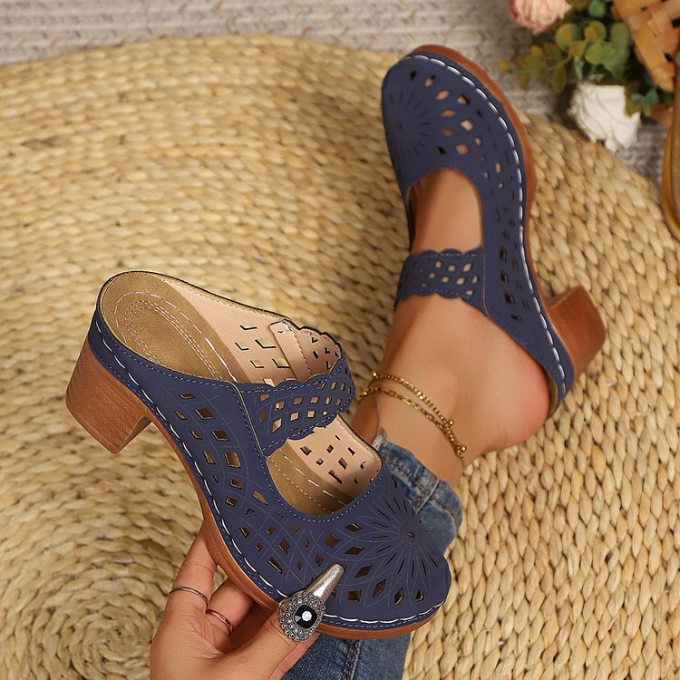 Slide Sandals for Women - Chunky Heel Mules with Breathable Cutout