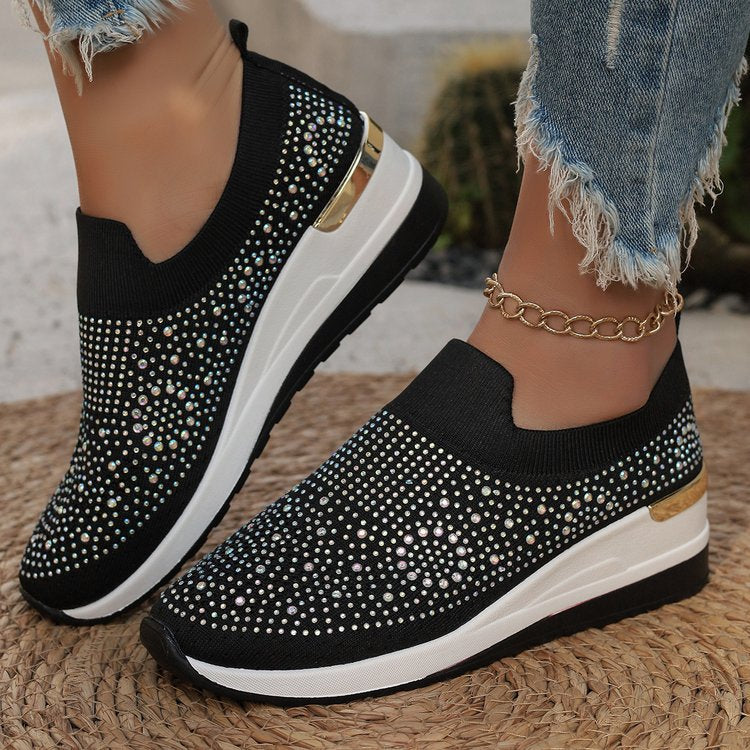 Comfortable Wedge Sneakers for Women - Rhinestone Flyknit Slip-On