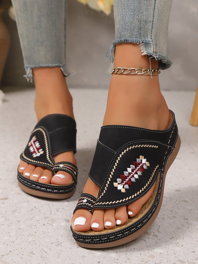 Embroidered Wedge Flip Flops for Women - Lightweight Summer Thong Sandals
